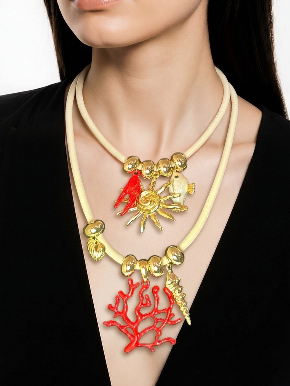 Gold-Tone Necklace with Red Coral Charms - Women Jewelry